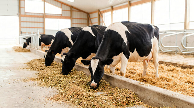 Holstein cows eating silage from a trough in a barn