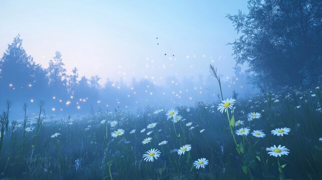 Misty meadow filled with daisies at dawn