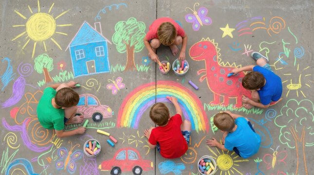 Group of children drawing with colorful chalk on concrete pavement. Kids creating art with rainbow, sun, and dinosaur designs on schoolground. International Childrens Day celebration.