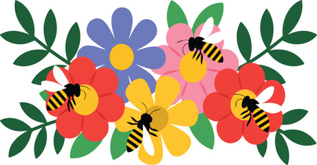 Flat lay illustration of bees pollinating colorful flowers on white background vibrant nature spring vector composition © Mst