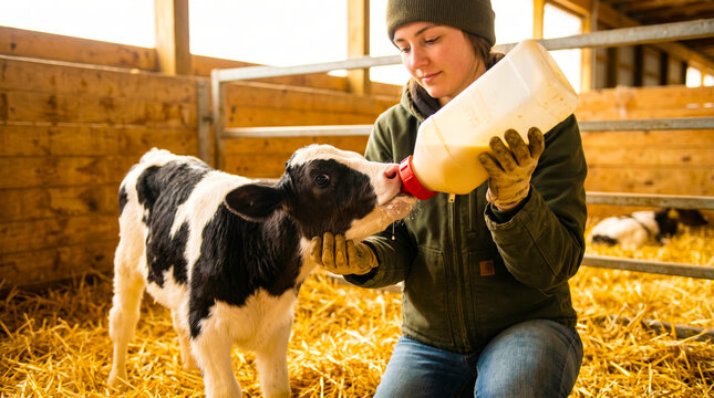 Young woman feeding milk to Holstein calf in barn