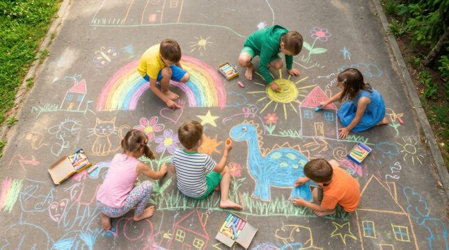 Children drawing with colorful chalk on asphalt. Group of kids having fun playing outdoors during International Childrens Day. Creative activity and art education concept for summer holiday.
