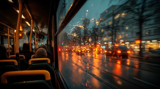 A rainy evening view from inside a bus, showing blurred city lights and passengers in cozy seats.