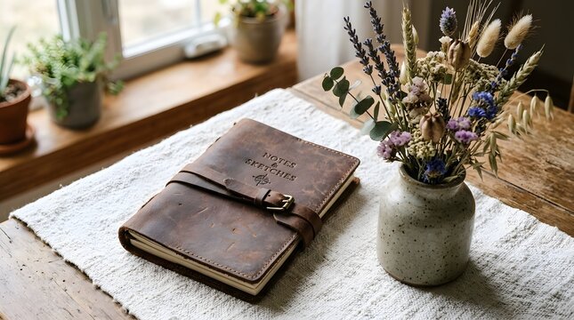 Leather journal and flowers on table
