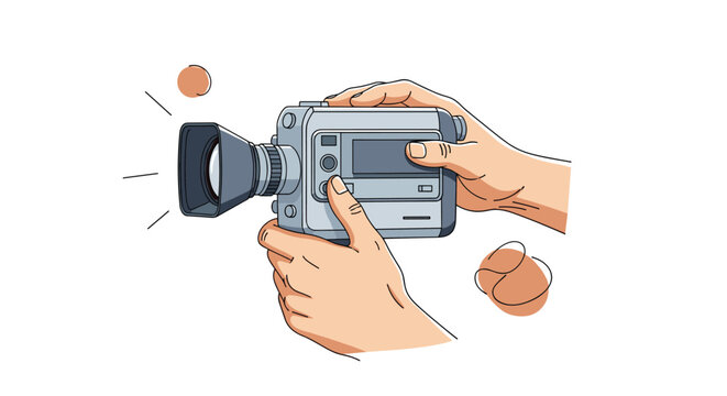 Close up of hands operating a classic silver video camera or camcorder for filming a movie or recording memories.