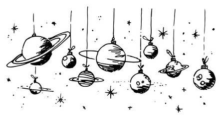 Planets hanging as Christmas ornaments baubles illustration hand drawn vintage engraving style for holiday space theme © JakubVectorSketch