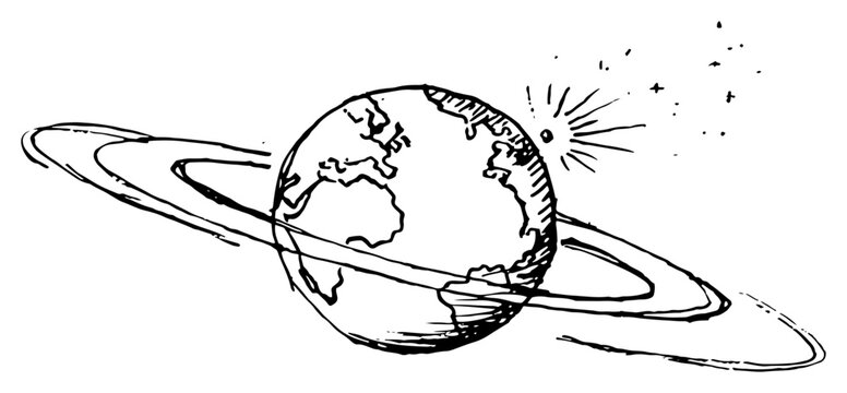 Planet Saturn with rings and asteroid impact illustration hand drawn vintage engraving style for space and astronomy