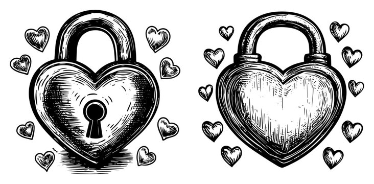 Heart shaped padlocks with small hearts set hand drawn vintage engraving style symbol of eternal love and commitment