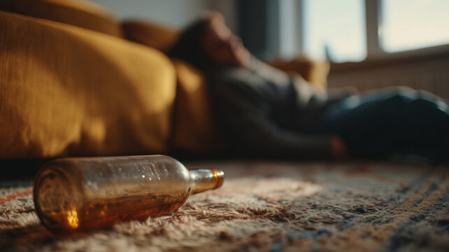 Empty bottle on floor and blurred man lying on couch in morning light alcoholism addiction hangover concept