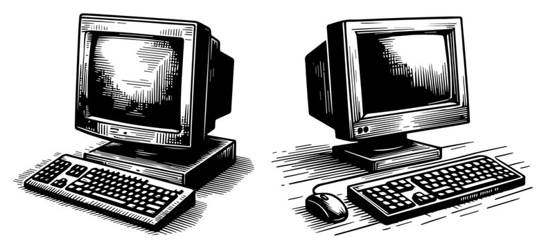 Retro personal computer set with CRT monitor and keyboard hand drawn vintage woodcut style for technology nostalgia
