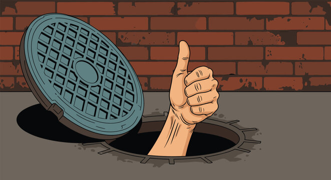 Human hand emerging from an open city manhole and giving a positive thumbs up gesture against a red brick wall.