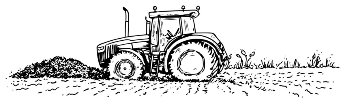 Farm tractor working in field agriculture machinery illustration hand drawn vintage engraving style