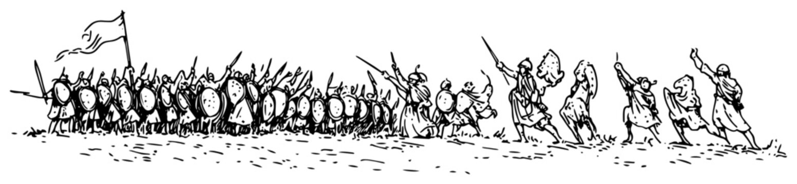 Medieval warriors army in battle formation hand drawn vintage engraving style historical military scene