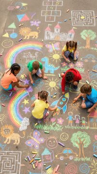 Group of happy children drawing with colorful chalk on asphalt. Kids creating art together on playground outdoors. International Childrens Day activity and creative recreation concept.