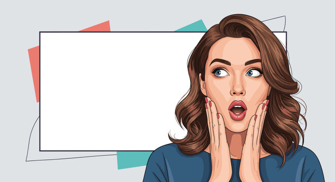 Shocked woman with long brown hair holding her face in shock while looking at a large blank rectangular frame for content.
