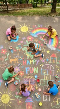 Children drawing with chalk on playground ground surface. Boys and girls group creating colorful artwork for International Childrens Day. Summer outdoor creative activity and education.