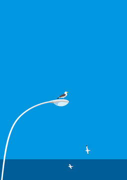 カモメと電灯と青空と水平線タテ型のイラスト