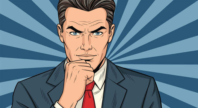 Thoughtful businessman in a suit with his hand on his chin looking determined against a blue sunburst background.