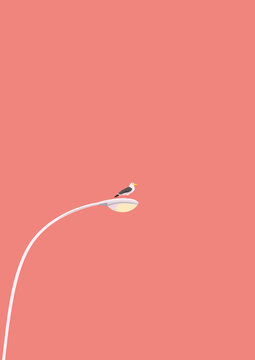 カモメと電灯と夕暮れタテ型イラスト
