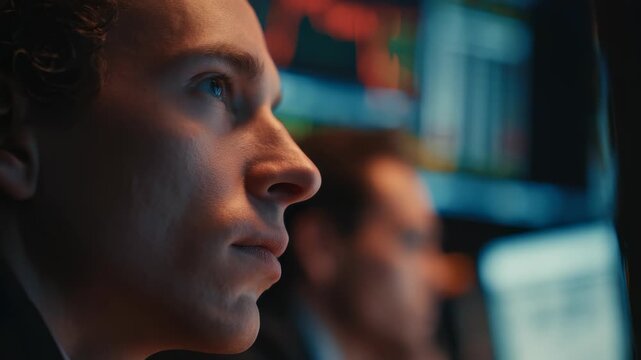 Close up of a professional trader studying market trends and charts on monitors, highlighting the dynamic atmosphere of finance. The scene captures determination and analytical thinking