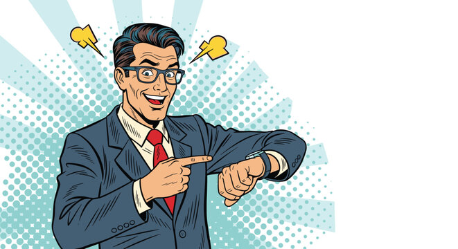 Successful businessman in a blue suit points at his wristwatch to emphasize punctuality or a deadline in retro comic book style.