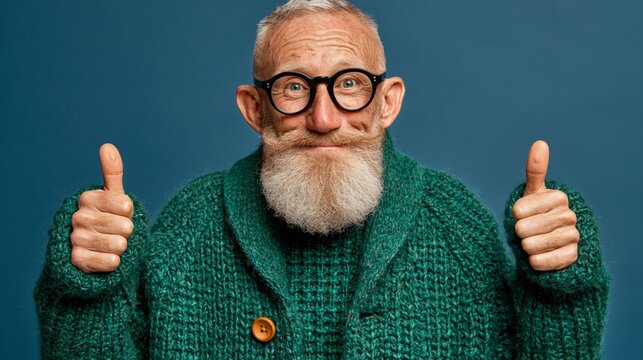 An elderly man with a grey beard and glasses gives a thumbs-up &ndash; a positive backdrop for advertising products aimed at the older generation, promoting healthy ageing  