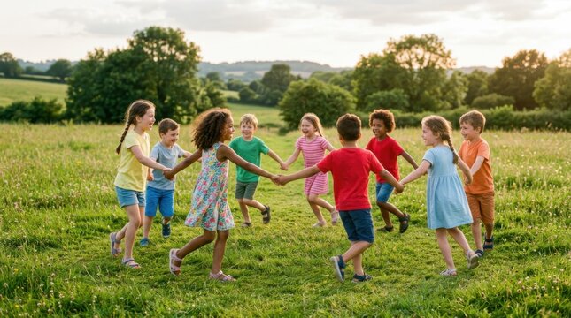 Diverse group of kids holding hands and playing in field. Happy children running in circle at park. International Childrens Day celebration. Childhood friendship and outdoor activity.