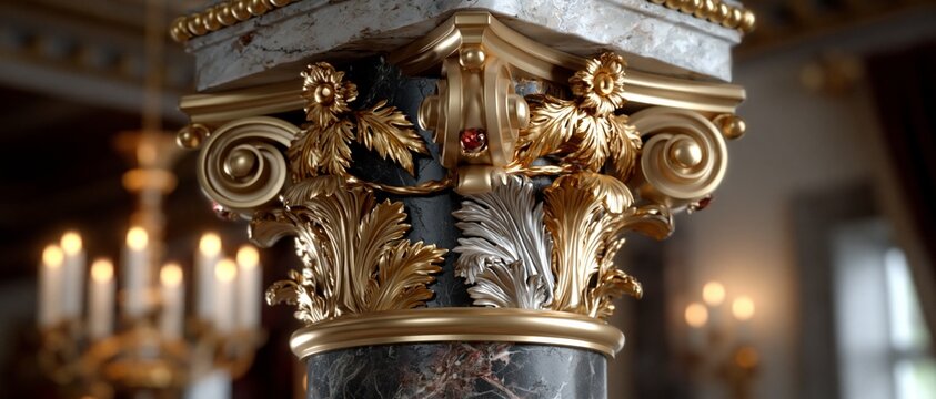 A golden column capital adorned with marble and precious stones provides a sumptuous backdrop for articles on architecture, classical interior design and art history.