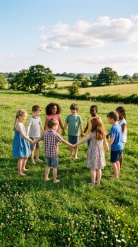 Diverse children holding hands in a circle in a grassy field. Group of happy kid friends playing together outdoors. International Childrens Day concept, unity and friendship among youth.
