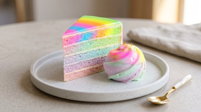 Rainbow Cake Slice with Pastel Colors and Ice Cream