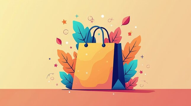 Bolsa de compras colorida con iconos divertidos y formas din&aacute;micas