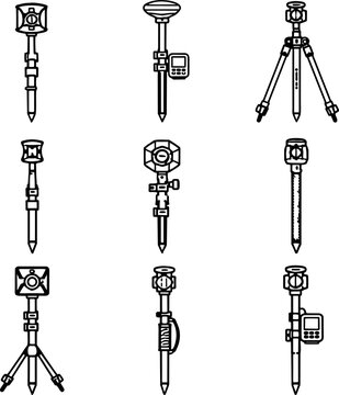 Set of nine various drafter's tools and drafting equipment illustrations on clean white