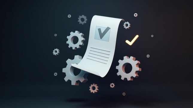Documento de papel flotante rodeado de engranajes met&aacute;licos giratorios y una marca de verificaci&oacute;n luminosa, fondo con degradado oscuro