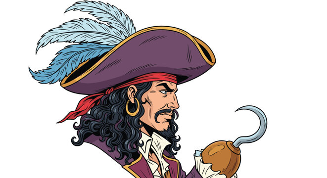 Classic pirate captain with long dark curly hair and a large hat looks to the side while showing his metallic hook hand.