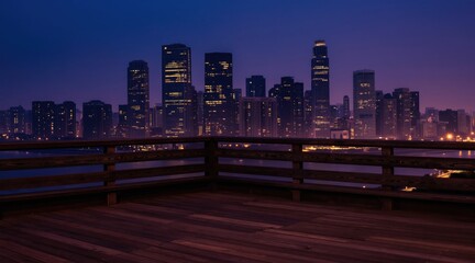 Obraz premium Wooden balcony view of illuminated city skyline at twilight. Tall buildings light up the dark urban horizon over calm water, creating peaceful night atmosphere for city exploration.