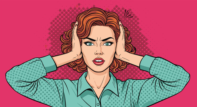 Frustrated woman with red curly hair covers her ears with her hands to block out loud noise against a vibrant pink halftone background.