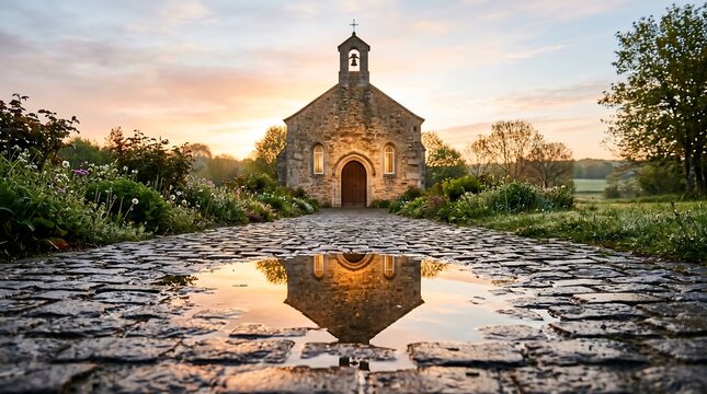 Stone church reflection in puddle at dawn