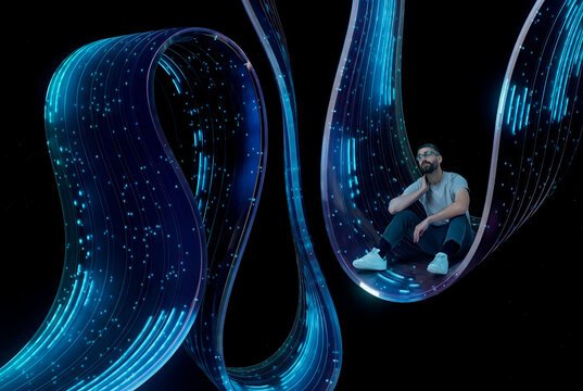 Man sitting inside abstract 3D data flow structure with glowing digital particles