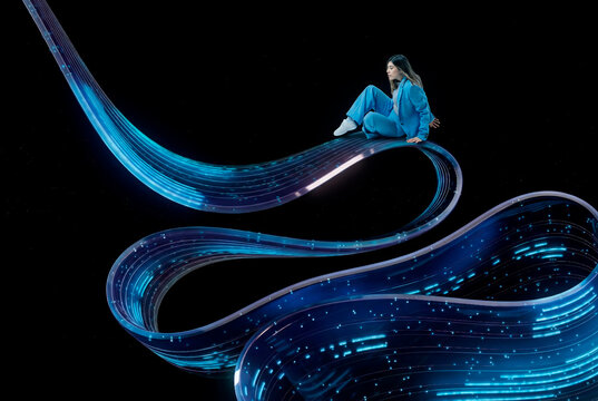 Businesswoman seated on flowing 3D data stream in abstract digital environment