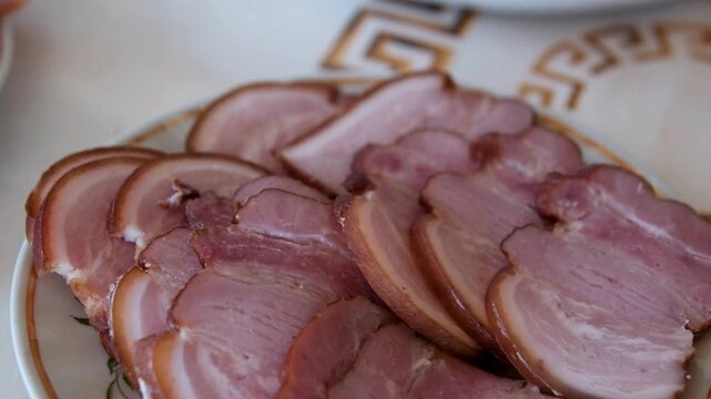 close up of raw pork meat. Sliced smoked meat