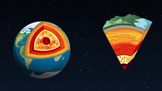 Animated cross section of earth revealing layers crust mantle and core in space with stars.