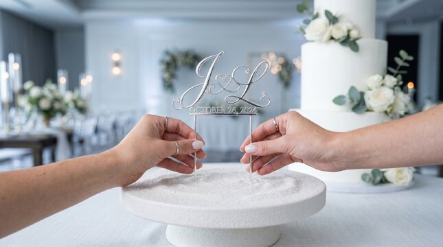Hands placing a personalized cake topper with initials and wedding date on a cake at a reception