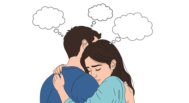 Sad young couple embraces each other while having empty thought bubbles above their heads, expressing shared grief or hidden emotions.