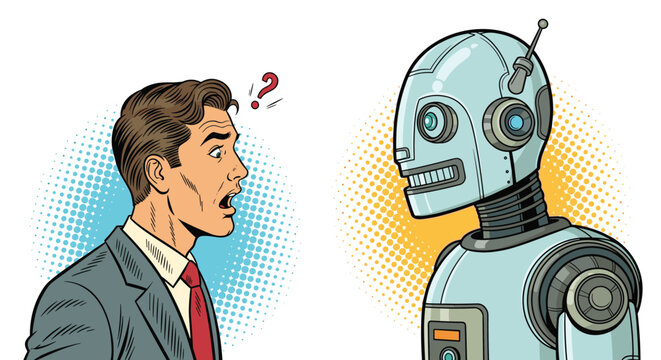 Surprised businessman looks at a sleek silver robot with a red question mark between them, exploring human and artificial intelligence.