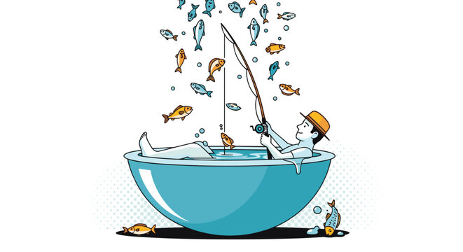 Man sits inside a large blue bowl and tries to catch fish with a rod while many small fish fall from the sky in an surreal illustration.