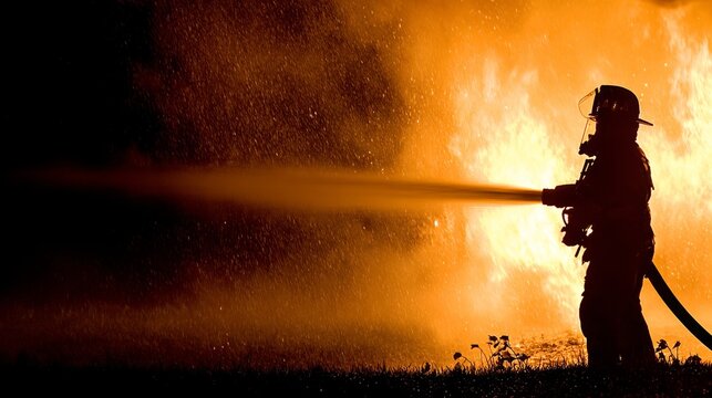 Firefighter wildfire fire flames smoke burning blaze heat disaster danger inferno rescue emergency safety protection with silhouette spraying water hose into intense orange flames at night