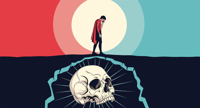 Heroic figure in a red cape stands over a large glowing skull in a dark cavern, representing overcoming mortality or inner struggles.