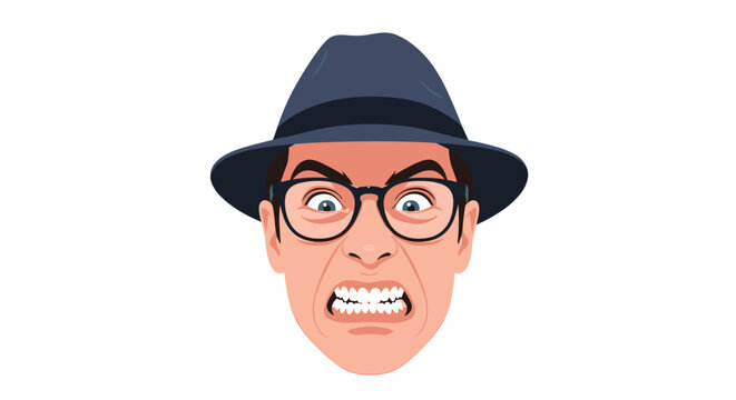 Angry man with glasses and a navy blue hat baring his teeth in a frustrated expression isolated on a white background.