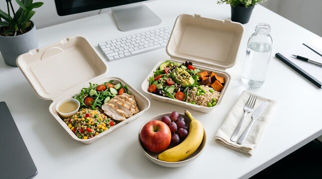 Corporate lunch spread on office desk top view