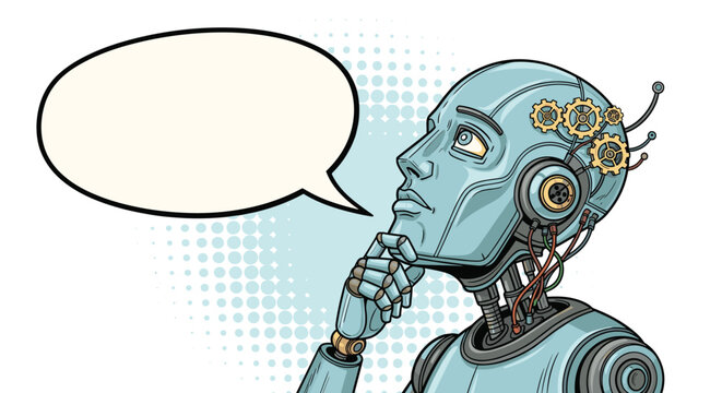 Profile of a blue thinking robot with gears visible in its head and an empty speech bubble for text on a white background.